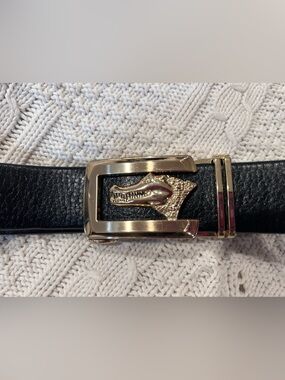 Mens 50 inch length Black Leather Belt with Gold Crocodile Adjustable Buckle